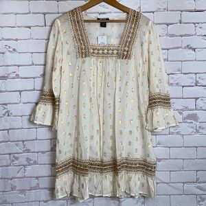 Beige & gold cotton sheer - 3/4 bell sleeve tunic - medium - NWT